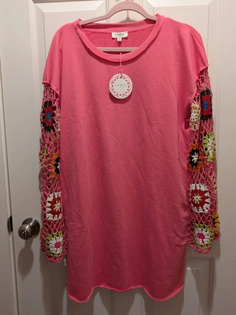 Umgee Hot Pink Crewneck Mini Tunic dress With Crochet Sleeves